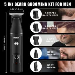 HIENA Professional Multifunctional Hair Clipper Set, R-Type Adjustable Blade, Cordless Barber Clippers with LED Display, Ear and Nose Hair Trimmer, 6 Guide Combs, Rechargeable Electric Grooming Kit for Men, USB Charging, Haircut Clippers