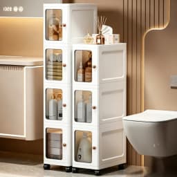 3/4/5/6-layer ultra-narrow gap stackable storage cabinet, freely combinable foldable plastic storage box, with a single transparent visible door and round handle, 23×31cm vertical rolling ultra-narrow storage box with universal wheels, suitable for storag