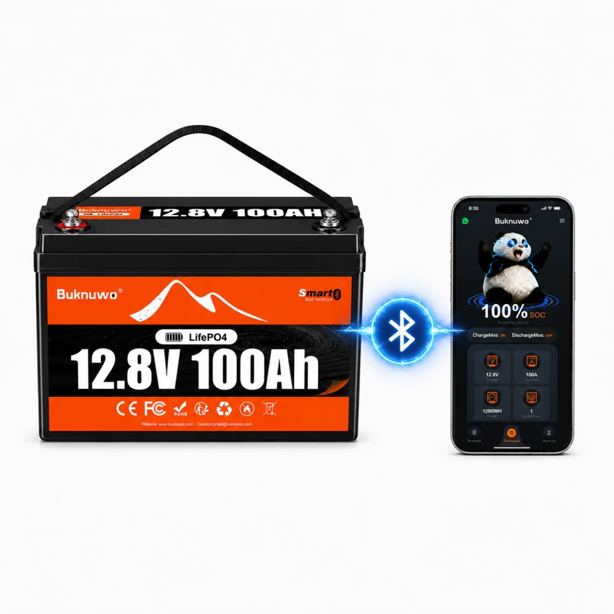 BUKNUWO LiFePO4 12V/12.8V 100Ah Lithium Battery Pack With Bluetooth Built-in 100A BMS Grade A Cells 8000+ Cycles BMS Grade A For Boat RV Campers Solar System