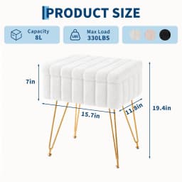 Vanity Stool With Storage, Faux Fur Ottoman With Gold Metal Legs, Soft Padded Makeup Seat Foot Rest For Bedroom Living Room