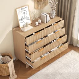 JHK Fluted Wooden 6 Drawer Dresser Cabinet Wide Modern Chest of Drawers with Gold Metal Handles Storage Organizer Unit for Living Room Hallway