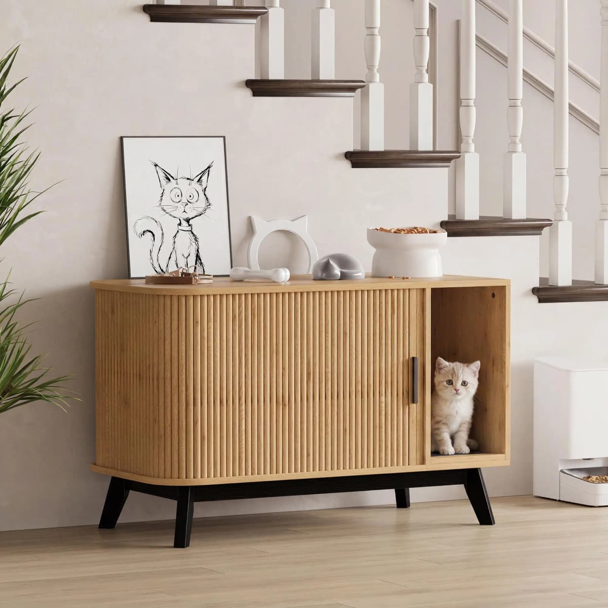 Cat Litter Box Enclosure 39 Inch Hidden Litter Box Furniture With Cat Litter Mat And Sliding Door Modern Indoor Cat House Side End Table For Living Room Natural Wood Color