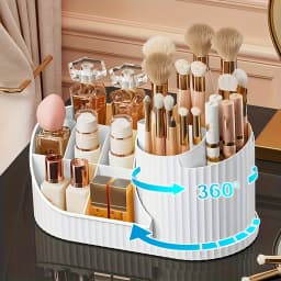 8.07 in × 4.33 in × 4.57 in Rotating Makeup Organizer – Compact 360° Rotating Makeup Organizer made of durable plastic, space-saving design suitable for makeup brushes, lipsticks, skincare products, and stationery, making it an ideal choice for storing