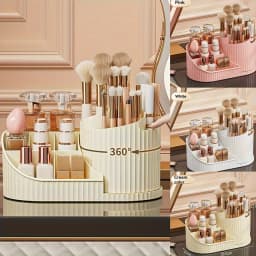8.07 in × 4.33 in × 4.57 in Rotating Makeup Organizer – Compact 360° Rotating Makeup Organizer made of durable plastic, space-saving design suitable for makeup brushes, lipsticks, skincare products, and stationery, making it an ideal choice for storing