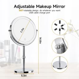 Double Sided LED Lighted Makeup Mirror, Height Adjustable Touch Control Vanity Mirror with Ring Light, 360° Swivel 1X/10X Magnification Cosmetic Mirror for Bathroom Dresser Tabletop