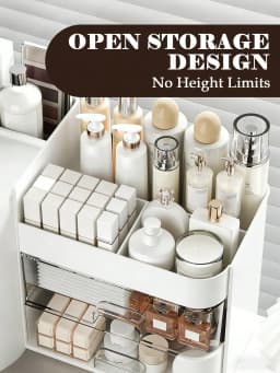 2-Tier Rotating Makeup Organizer with Brush Holder, Large Capacity Skincare Storage Box for Bathroom Countertop Vanity Dresser, White