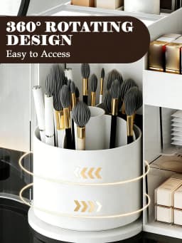2-Tier Rotating Makeup Organizer with Brush Holder, Large Capacity Skincare Storage Box for Bathroom Countertop Vanity Dresser, White