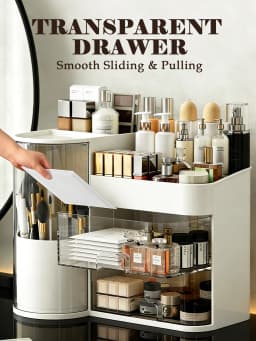 2-Tier Rotating Makeup Organizer with Brush Holder, Large Capacity Skincare Storage Box for Bathroom Countertop Vanity Dresser, White