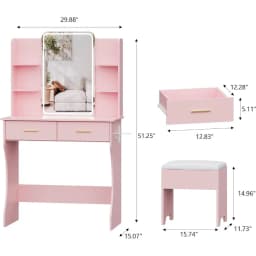 Small Vanity Desk with Mirror and Lights, Makeup Vanity with LED Lights, Pink Vanity Mirror with Lighted Desk and Chair, 3 Light