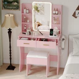 Small Vanity Desk with Mirror and Lights, Makeup Vanity with LED Lights, Pink Vanity Mirror with Lighted Desk and Chair, 3 Light