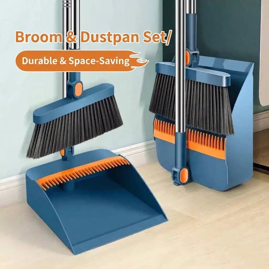 Broom And Dustpan Set, Blue, 2-Piece, 180 Degree Rotatable, Extendable Handle Up To 53 Inches, 4-Layer Thick Brush, Comb Teeth, Folding Storage