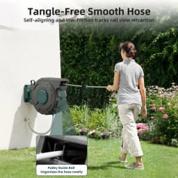 100-Foot x 1/2-Inch Retractable Garden Hose Reel, Outdoor Garden Hose Reel - Automatic Retractable Wall-Mounted Hose Reel with Enclosed Storage, Lockable at Any Length, 10 Nozzle Modes - Blue