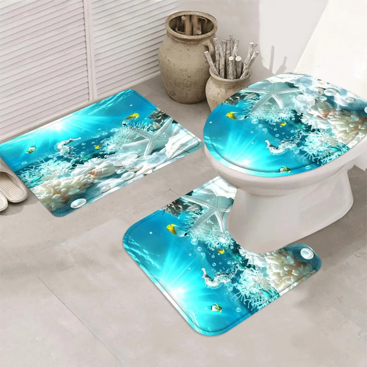3Pcs Underwater Ocean World Bathroom Rug Set, Tropical Fish Coral Starfish Seahorse Sea Scene Print Non‑Slip Bath Mat, U‑Shaped Contour Rug and Toilet Lid Cover, Marine Theme Bathroom Floor Decor Mats