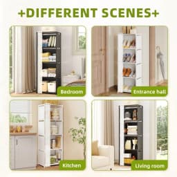 4 Tier Portable Closet Organizer Modern Black Fabric Narrow Wardrobe Armoire Free Standing Storage Shelf Cabinet Stand With White Sheer Dustproof Curtain Tall Space Saving For Bedroom Living Room Entryway Housewarming Gift