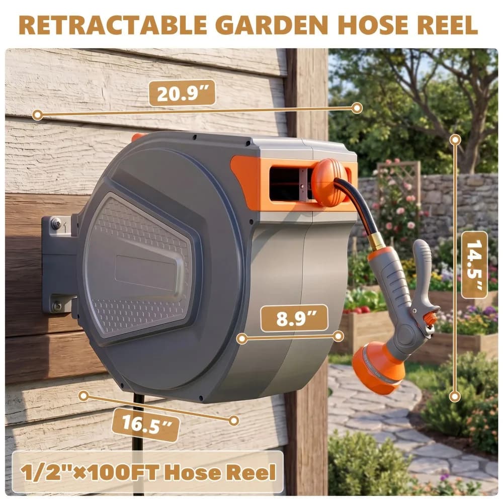 Auto Rewind Retractable Hose Reel, Wall Mounted with 180° Swivel, Multi-Function Spray Nozzle for Outdoor Watering,Garden hose reel, wall mounted hose reel, heavy-duty garden hose reel rack,Specially designed for easy and efficient gardening watering