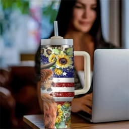 40Oz Tumbler with Handle, Cute Highland Cow Sunflower American Flag Print, Fits for all People, Suitable for Hot And Cold Drinks, Ideal for Daily Use And Outdoor Travel