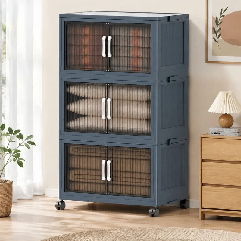 3‑Tier Foldable Plastic Storage Cabinet with Wheels, Double Fluted Transparent Door, Stackable Closet Organizer, Mobile Dust‑proof Storage Bin for Bedroom, Clothes, Toys, Snacks, Home Bedroom Living Room Organization