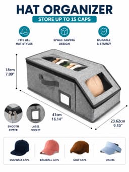Hat Storage Organizer Box, Baseball Cap Holder for Closet, Transparent Window Cap Display Case with Handles, Fabric Wardrobe Organizer Container