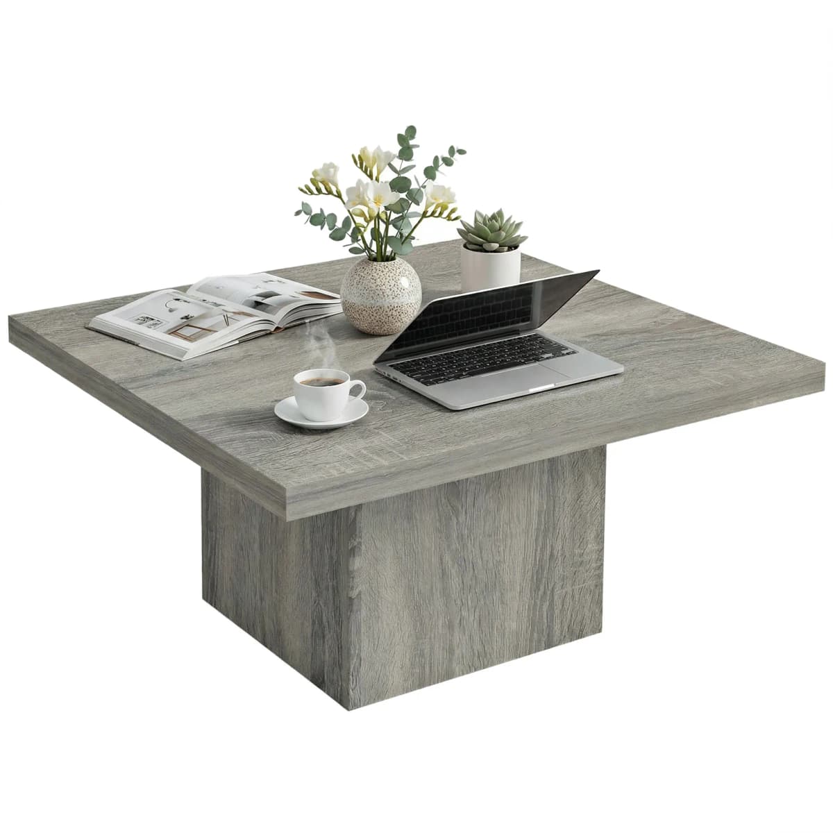 Homcom Square Coffee Table 1.6" Thick Tabletop 31.5"X31.5" Gray Wood Grain