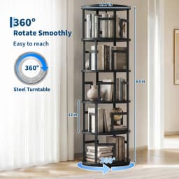 5-Tier Rotating Bookshelf Tower, 360° Spinning Corner Bookcase Holds 100+ Books, 63in Narrow Floor Storage Shelf For Home Office