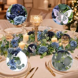 2-Pack Artificial Eucalyptus Navy Blue Rose Garland with 3D Silver Butterflies, 180cm Silk Plastic Floral Vine Realistic Greenery Swag for Wedding Arch Rustic Party Home Table Décor