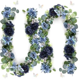 2-Pack Artificial Eucalyptus Navy Blue Rose Garland with 3D Silver Butterflies, 180cm Silk Plastic Floral Vine Realistic Greenery Swag for Wedding Arch Rustic Party Home Table Décor