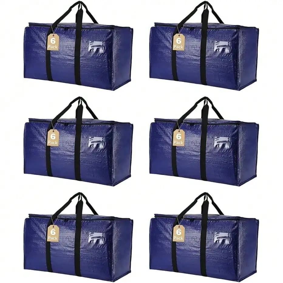6 Pack Moving Bags Heavy Duty, Extra Large Storage Totes Bag With Zippers And Sturdy Handles, Packing Bags For Moving, Storage, Travel, Space Saving, Moving Boxes College Essentials Blue.