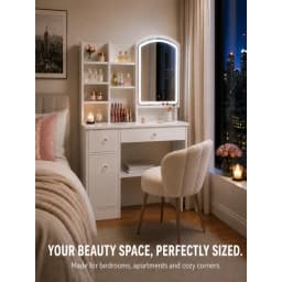 Modern White Vanity Desk with LED Lighted Mirror, Makeup Dressing Table with Storage Shelves and Drawers, Elegant Beauty Station Furniture for Women Girls Bedroom