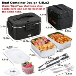 100W Electric Heated Lunch Box, Stainless‑Steel Food Container, Portable Car‑Home Dual‑Use Food Warmer with Insulated Carry Bag for Office, Travel, Road Trip