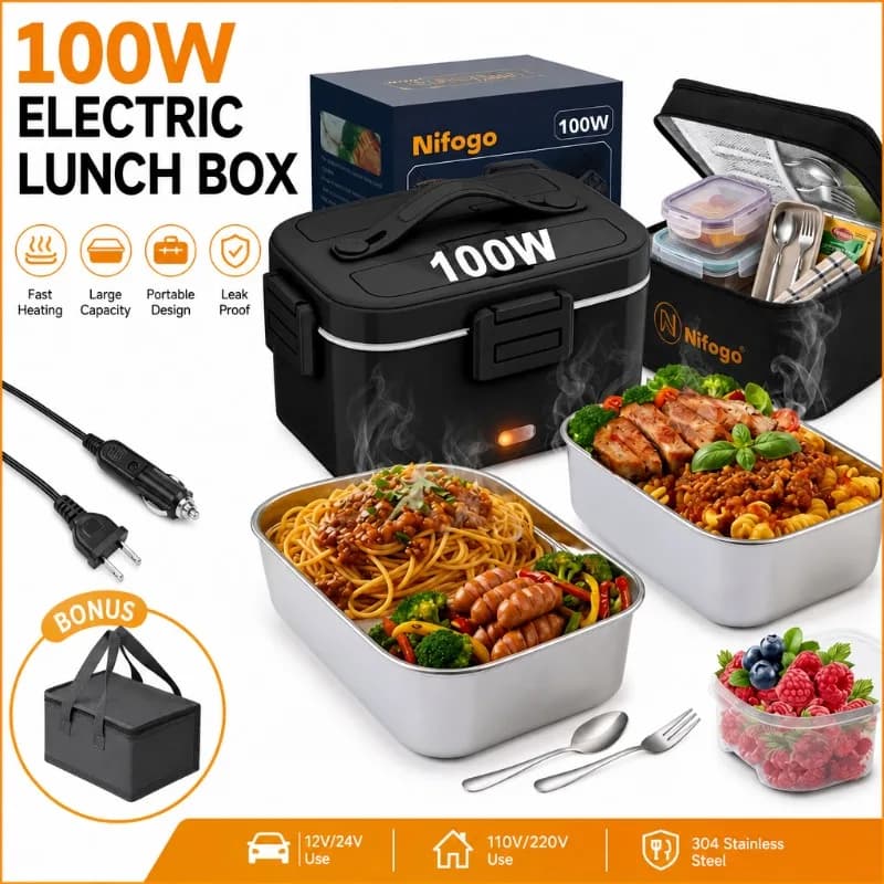 100W Electric Heated Lunch Box, Stainless‑Steel Food Container, Portable Car‑Home Dual‑Use Food Warmer with Insulated Carry Bag for Office, Travel, Road Trip