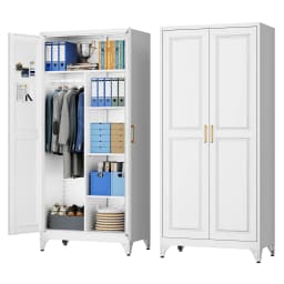 SteeLoong 71"H Metal Modern Armoire White Adult Wardrobe Cabinet with 2 Doors Hanging Rod and Adjustable Shelves