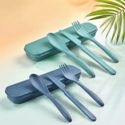 Zoyiancy 2 Set Portable Utensils With Case, Teal And Slate Blue Travel Spoon Fork Knife Lunch Flatware