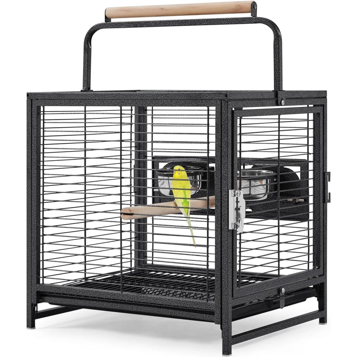 Portable Bird Cage, 19x15x25.5in, Wrought Iron, 2-in-1 Wooden Perch Handle, Removable Deep Tray, For Parakeets, Cockatiels, Budgies & Canaries,Outdoor Activity