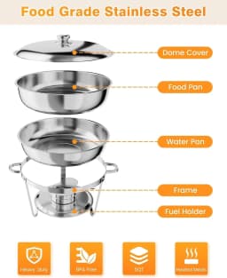 TacleeKii 2 4 6 Pack 5QT Round Chafing Dish Buffet Set With Glass Lids Stainless Steel Buffet Food Warmer Set with Serving Spoon & Tweezers for Party