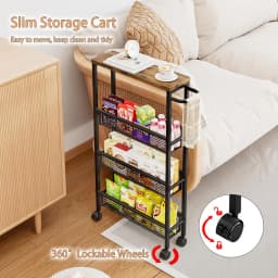 4/5 Tier Slim Rolling Cart Narrow Storage Organizer Rack Mobile Utility Shelf on Wheels with MDF Wood Top Metal Handle Gap Space Saver for Kitchen Bathroom Laundry Room Pantry Office