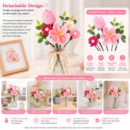 Crochet Flower Bouquet with Tote Bag & Greeting Card– Handmade Knitted Artificial Flowers, Knitted Bouquet Lasting Decor for Her, Mom,Mother’s Day, Birthday, Anniversary, Wedding,Valentine Day-D Style