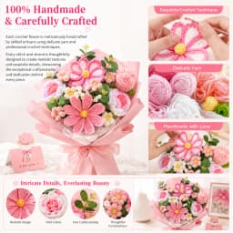 Crochet Flower Bouquet with Tote Bag & Greeting Card– Handmade Knitted Artificial Flowers, Knitted Bouquet Lasting Decor for Her, Mom,Mother’s Day, Birthday, Anniversary, Wedding,Valentine Day-D Style