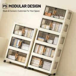 18.5in cream white foldable stackable storage cabinet, no assembly needed, foldable modular plastic storage box with transparent double doors and handles, lockable 360° rotating casters, side connectors to keep dust out and make storage visible, perfect f