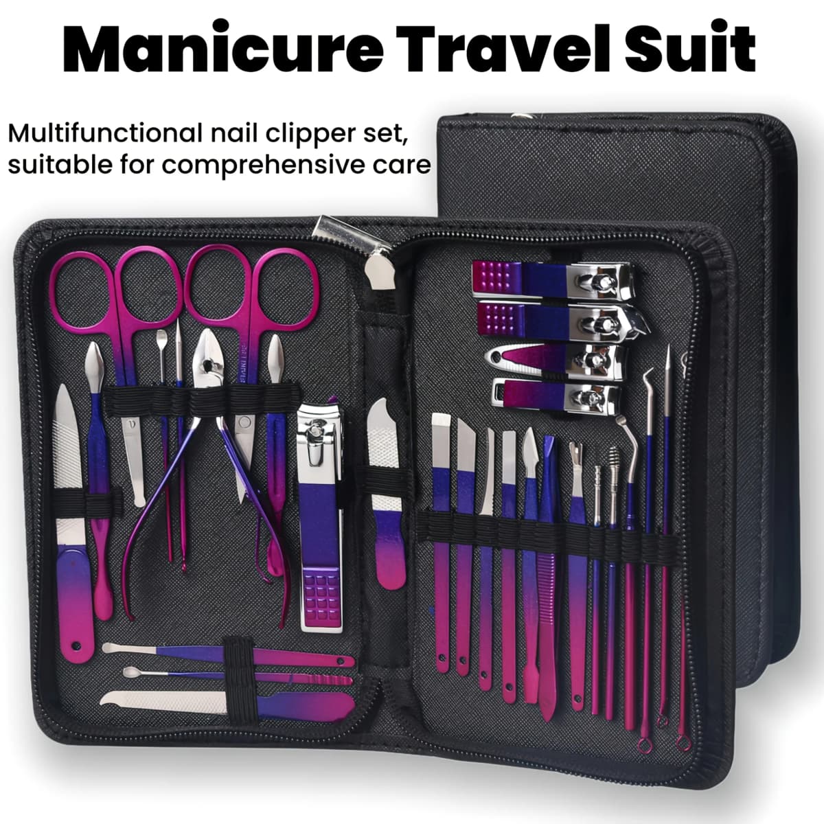 26Pcs Red Blue Gradient Nail Clipper Manicure Set Stainless Steel Nail File Cuticle Trimmer Kit Portable Storage Box Gift Manicure Pedicure Tools