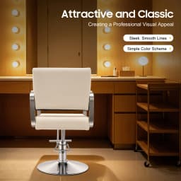 Salon Chair – Pu Cushion – Ergonomic Backrest – Height Adjustable 31.9-35.4" – 360 ° Rotation – 440 Lbs Capacity – Electroplated Carbon Steel – Beige White Silver