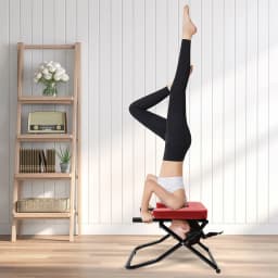 Red / Black Inversion Chair, Inversion Table, Flip Training Equipment, Steel Yoga Headstand Bench, PU Cushion Thick Foam, Anti-Slip Feet, Double Lock Pin, Stretching Strength Training, Durable Anti-Corrosion, for Home Gym Workout
