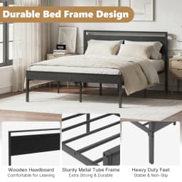 JHK 14 Inch Metal Bed Frame with Wood Headboard Heavy-duty Metal Platform With 1200lbs Capacity No Box Spring Needed Noise-free and Easy Assembly Design
