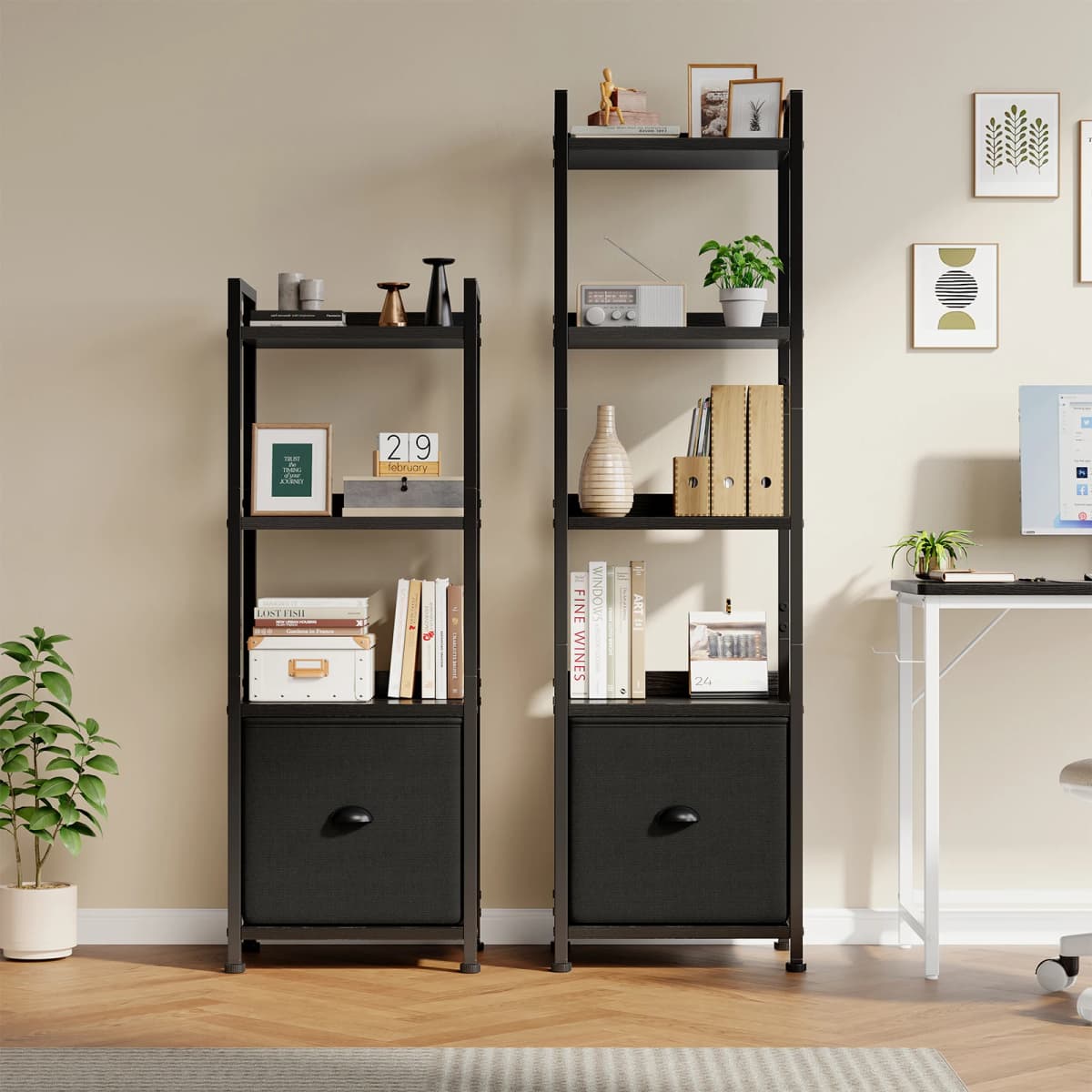 MCQ 4-5 Tier Bookshelf with Fabric Drawer Standing Open Book Shelf Organizer Wood and Metal Storage Shelf Organizer in Living Room Bedroom
