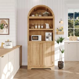 Arched Bookcase with Doors, 71 Inch Tall Storage Bookshelf with Cabinet and Shelves, Wooden Display Bookcase for Living Room, Home Office, White with Black Handles