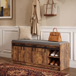TinyNest Shoe Storage Benches With Linen Seat Cushion, 41.7 inch Farmhouse Entryway Bench, Shoe Rack Cabinet Bench Organizer With Adjustable Shelf & Sliding Door for Entryway, Hallway, Living Room, Bedroom End of Bed, Rustic Brown & White