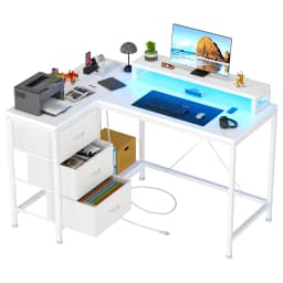 L-Shaped Gaming Desk with Power Outlets, Corner Desk with Drawers, Shelves & LED Lights, Computer Desk for Home & Office