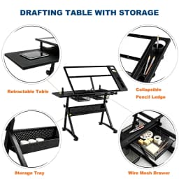 Height Adjustable Drafting Table With Stool, 0-75° Tilting Glass Drawing Desk With 2 Drawers, Art Craft Painting Workstation For Home Office