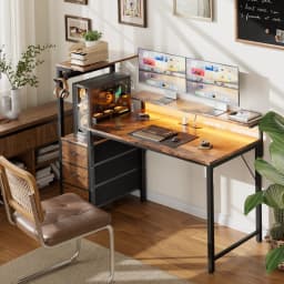 44/60 inch Computer Desk with Built-in Power Strip, Adjustable Monitor Riser, 3 Fabric Storage Drawers, PC Tower Stand & Headphone Hooks, Ergonomic Home Office Writing Workstation for Bedroom Study