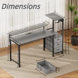 44/60 inch Computer Desk with Built-in Power Strip, Adjustable Monitor Riser, 3 Fabric Storage Drawers, PC Tower Stand & Headphone Hooks, Ergonomic Home Office Writing Workstation for Bedroom Study