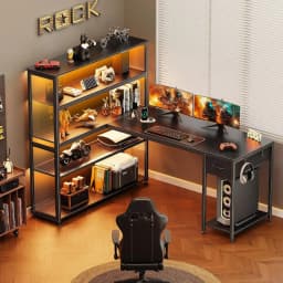 57 Inch L-Shaped Gaming Desk with Open Cabinet, Power Outlets, LED Lights, Adjustable Shelves, Black